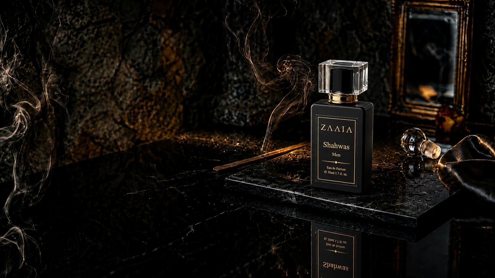 Zaaia Shahwas Men perfume bottle on dark luxury background with incense smoke